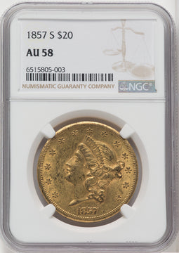 1857-S $20 Liberty Double Eagle NGC AU58