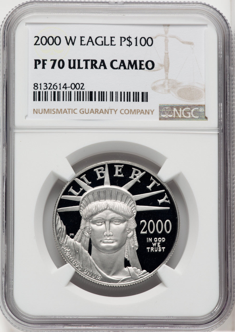 2000-W $100 One-Ounce Platinum Eagle Statue of Liberty Brown Label NGC PF70