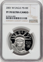 2001-W $100 One-Ounce Platinum Eagle Statue of Liberty Brown Label NGC PF70
