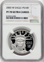 2003-W $100 One-Ounce Platinum Eagle Statue of Liberty Brown Label NGC PF70