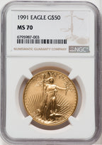 1991 G$50 One-Ounce Gold Eagle Brown Label NGC MS70