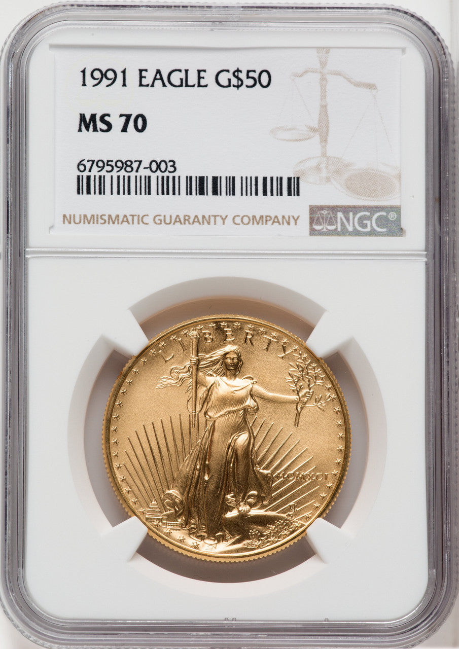 1991 G$50 One-Ounce Gold Eagle Brown Label NGC MS70