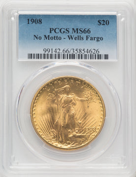 1908 NM $20 Wells Fargo Saint-Gaudens Double Eagle PCGS MS66 (766128011)