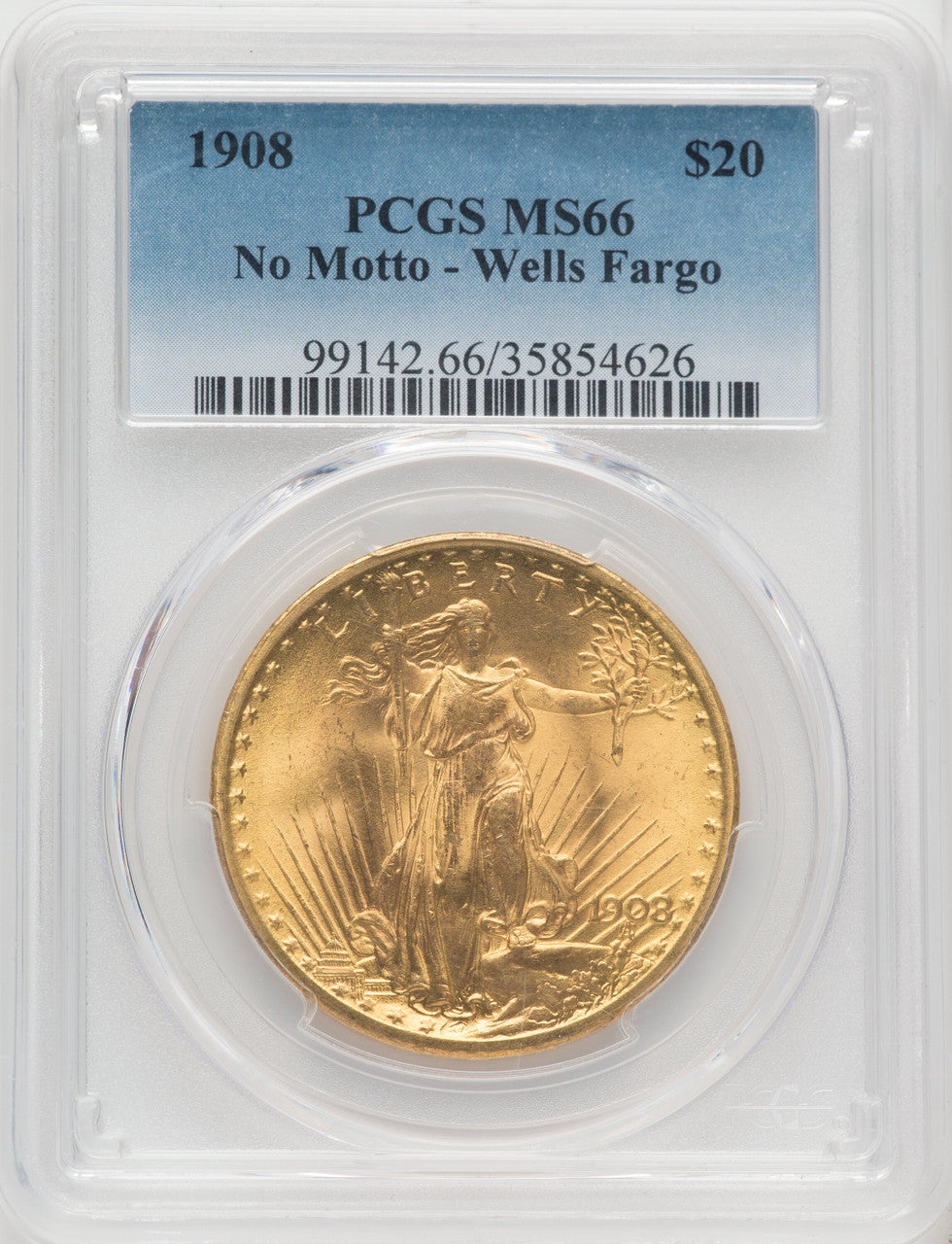 1908 NM $20 Wells Fargo Saint-Gaudens Double Eagle PCGS MS66 (766128011)
