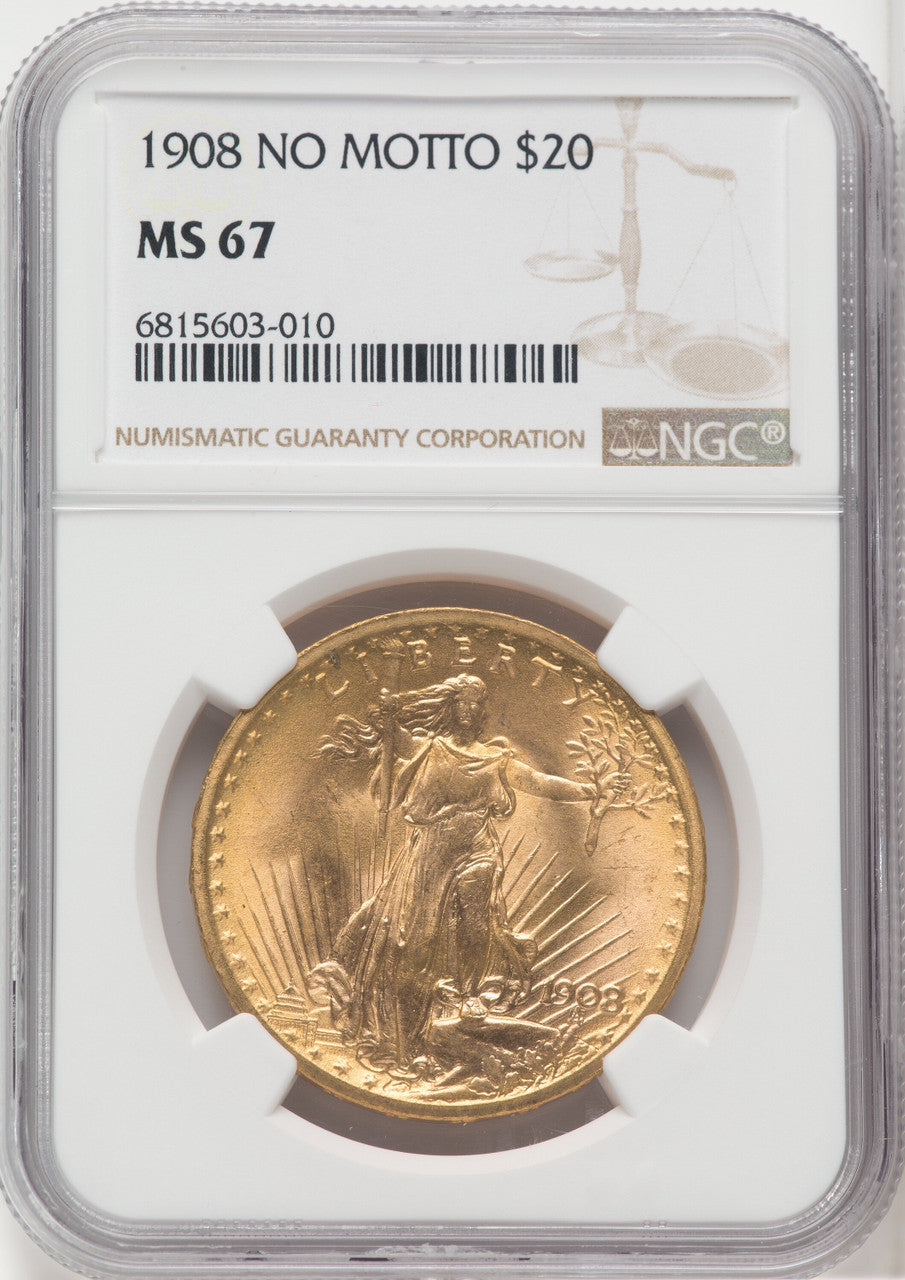 1908 $20 NO MOTTO Saint-Gaudens Double Eagle NGC MS67 (765810047)