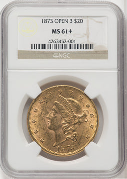 1873 $20 OPEN 3 Liberty Double Eagle NGC MS61+
