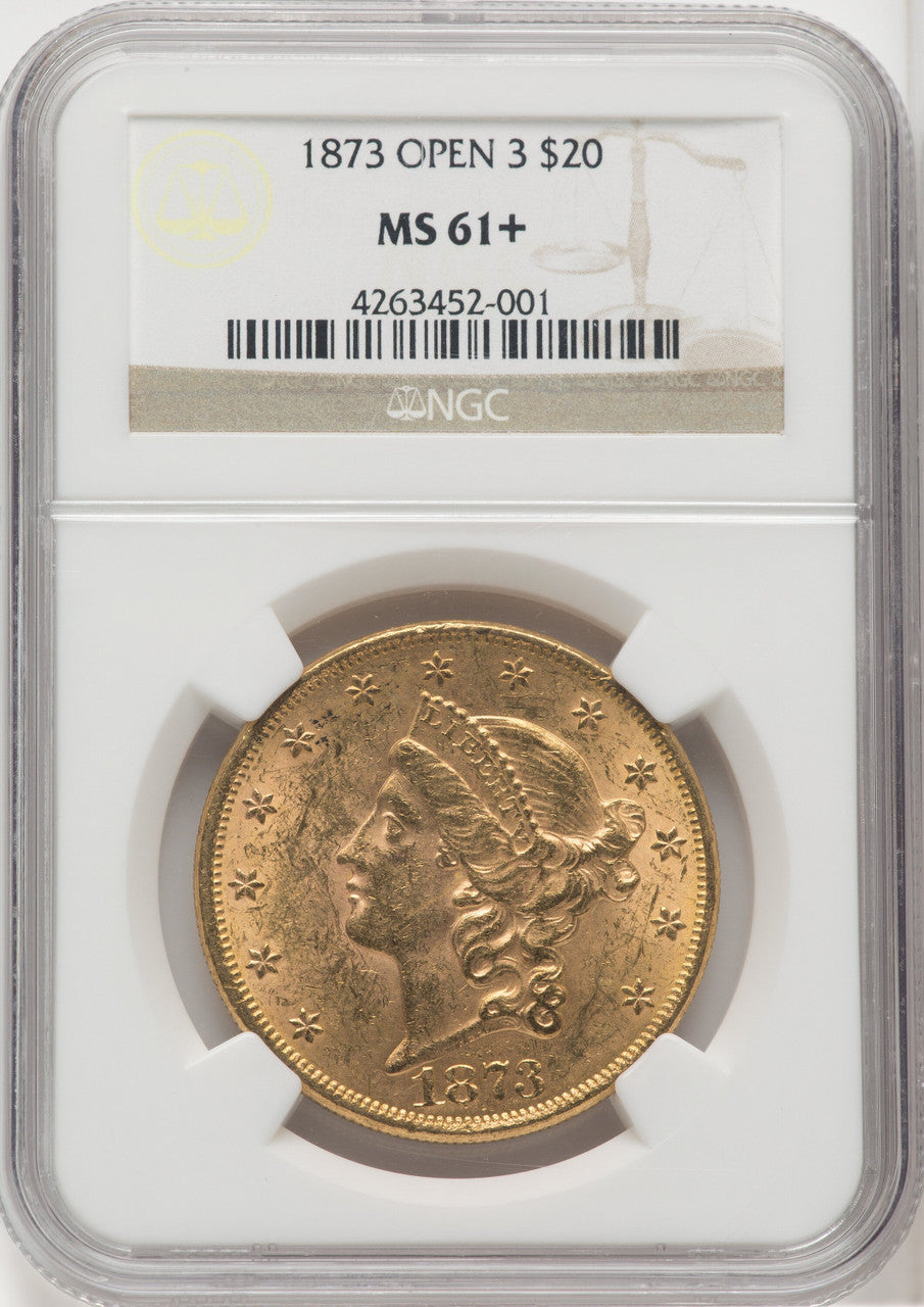 1873 $20 OPEN 3 Liberty Double Eagle NGC MS61+