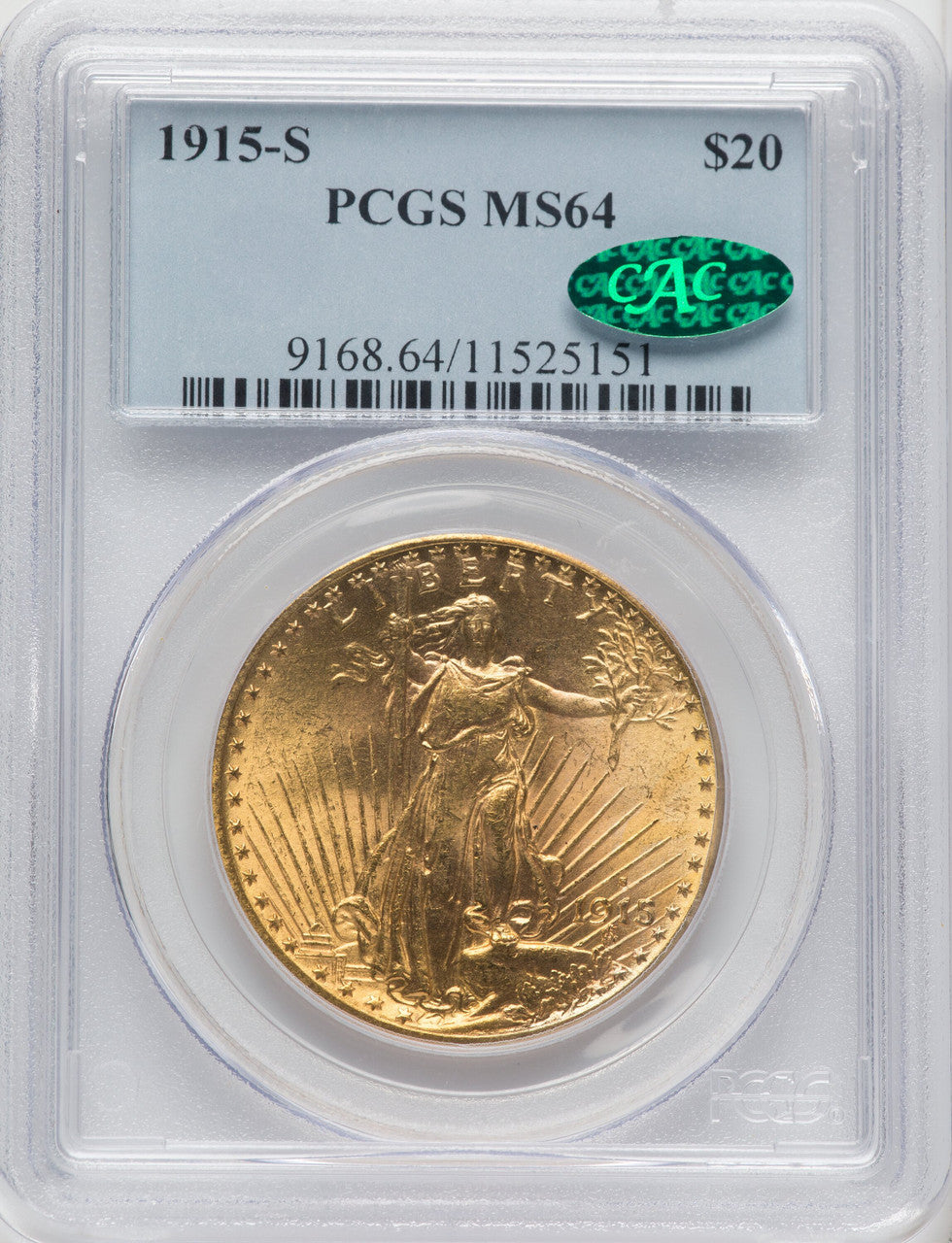 1915-S $20 CAC Saint-Gaudens Double Eagle PCGS MS64
