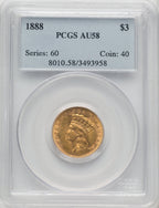 1888 $3 Three Dollar Gold Pieces PCGS AU58