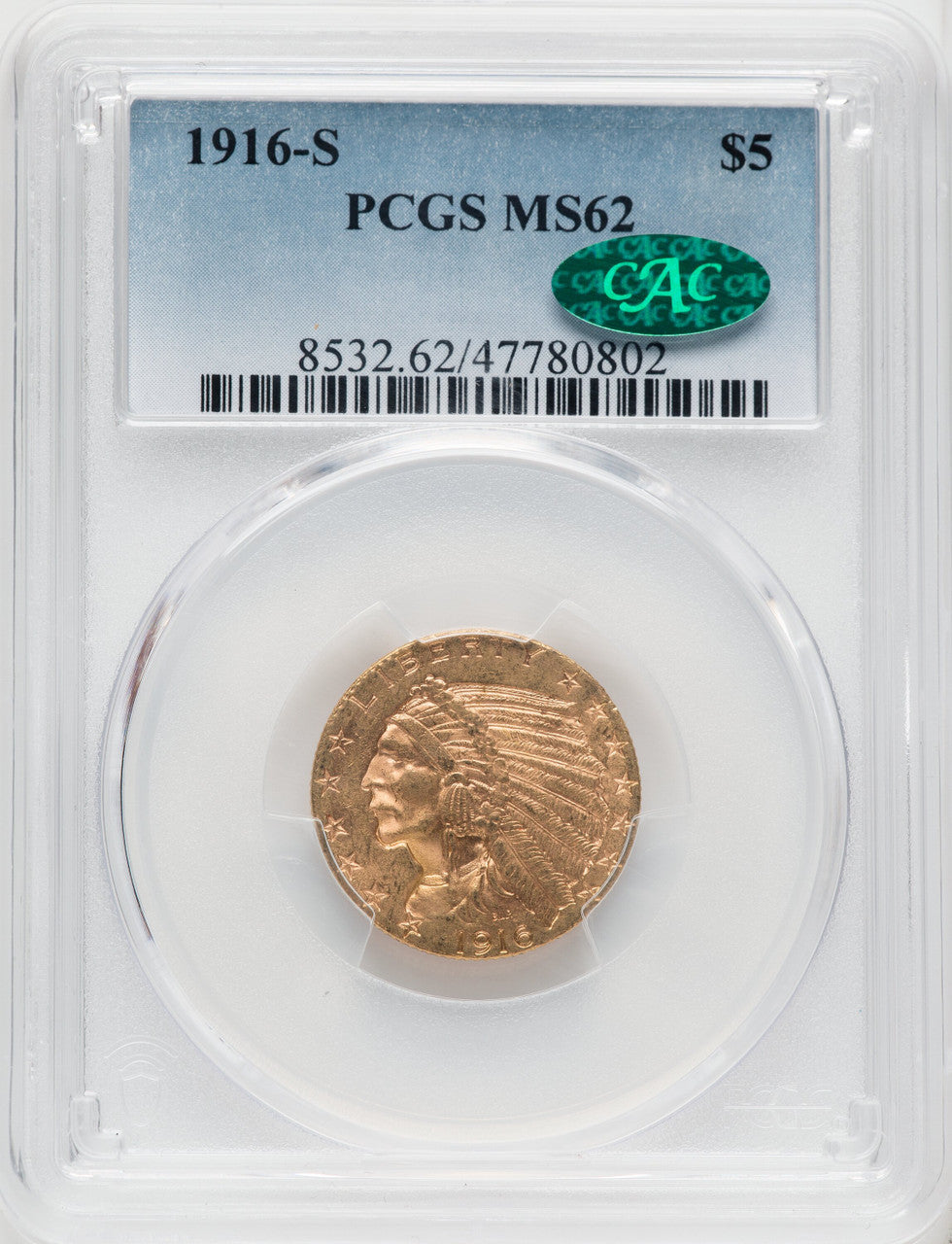 1916-S $5 CAC Indian Half Eagle PCGS MS62