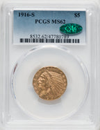 1916-S $5 Indian Half Eagle PCGS MS62