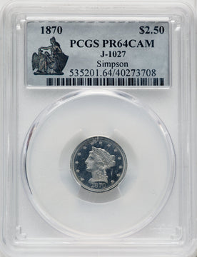 1870 $2.50 Judd-1027 CA Patterns PCGS MS64