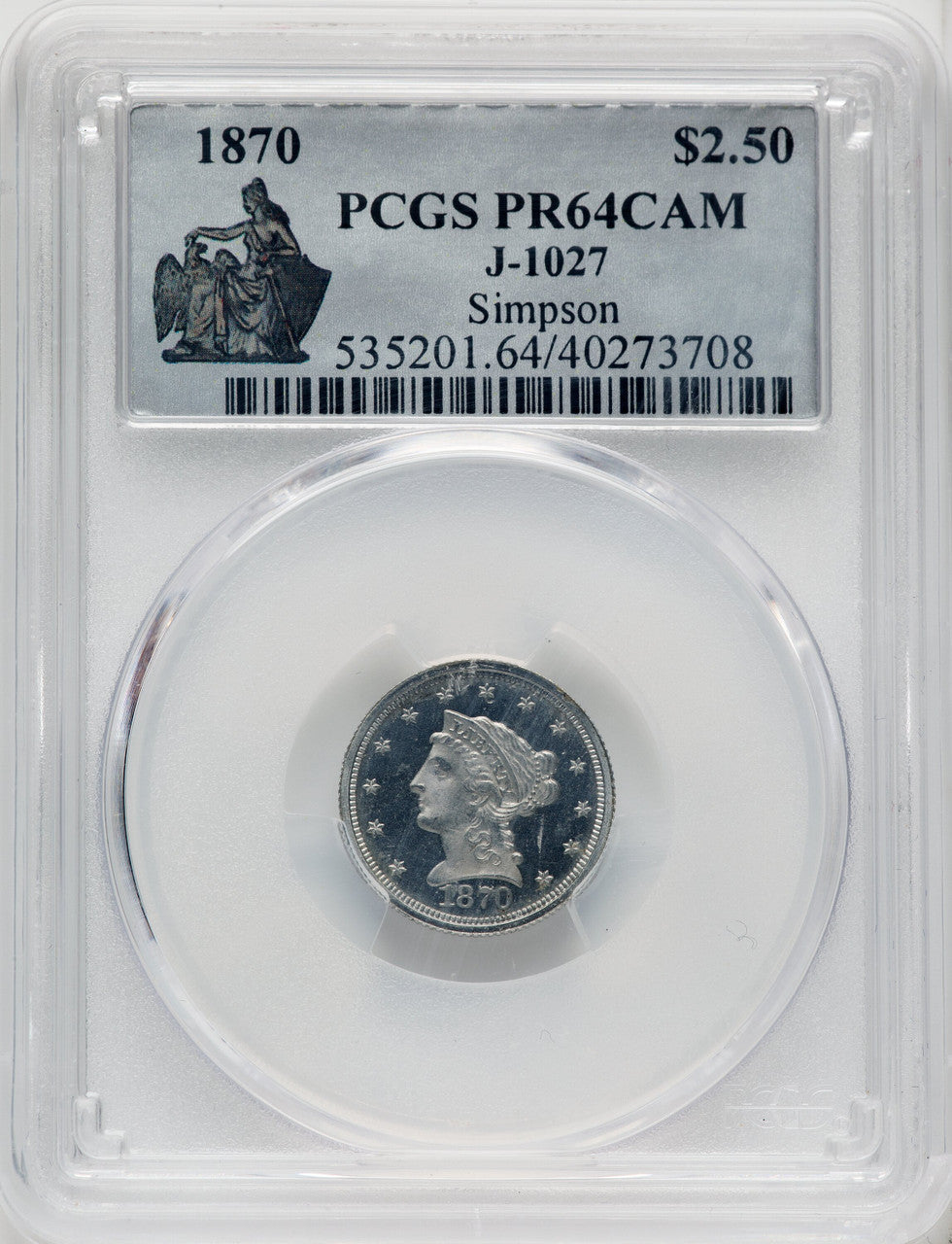 1870 $2.50 Judd-1027 CA Patterns PCGS MS64