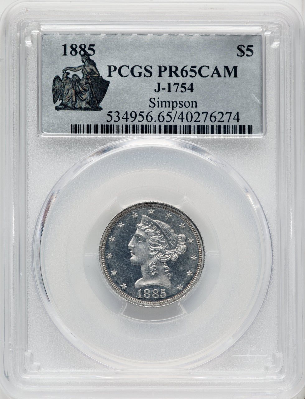 1885 $5 Judd-1754 CA Patterns PCGS MS65