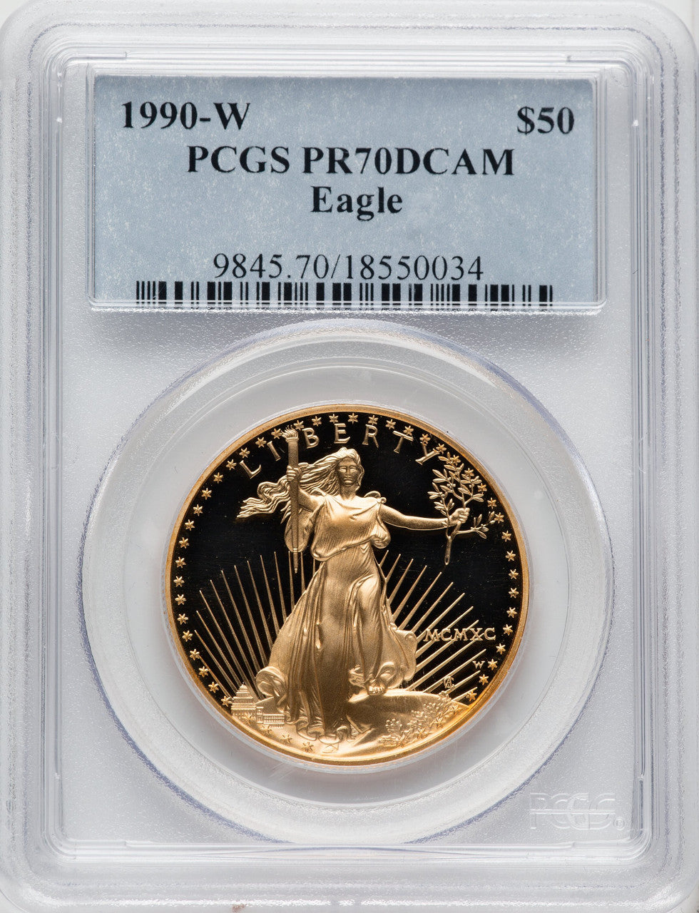 1990-W $50 One-Ounce Gold Eagle Blue Gradient PCGS PR70