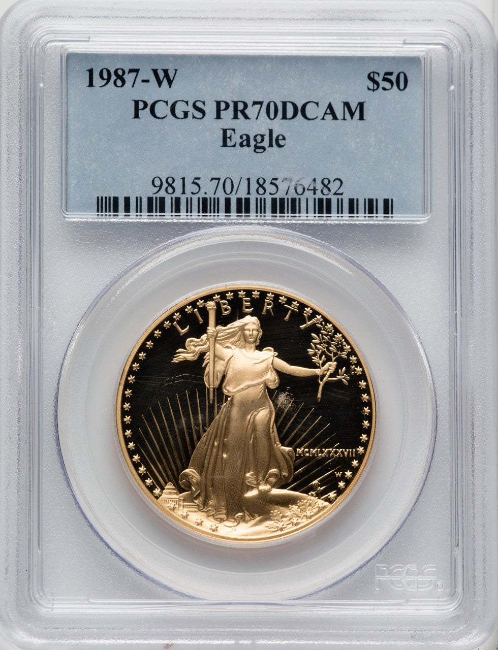1987-W $50 One-Ounce Gold Eagle Blue Gradient PCGS PR70