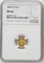 1849-O G$1 Open Wreath Gold Dollar NGC MS64