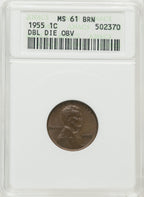 1955 Doubled Die Obverse BN Lincoln Cent ANACS MS61