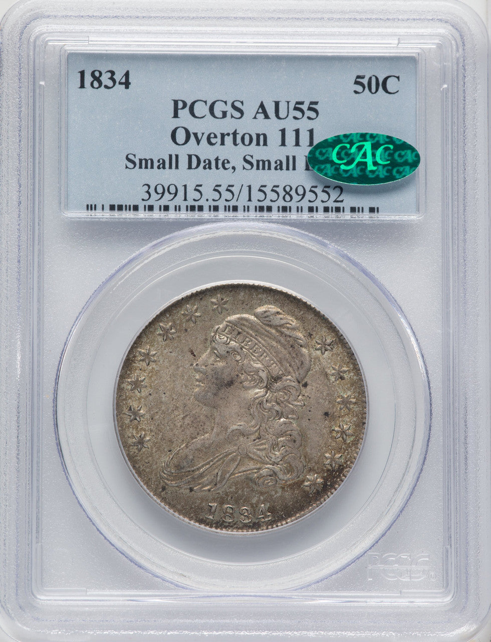 1834 50C O-111 CAC Bust Half Dollar PCGS AU55