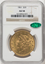 1861 $20 CAC Liberty Double Eagle NGC AU58