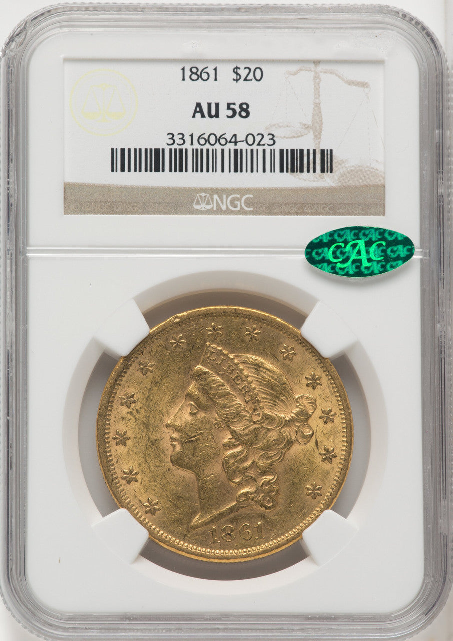 1861 $20 CAC Liberty Double Eagle NGC AU58