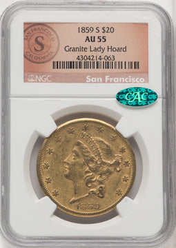 1859-S $20 CAC Liberty Double Eagle NGC AU55