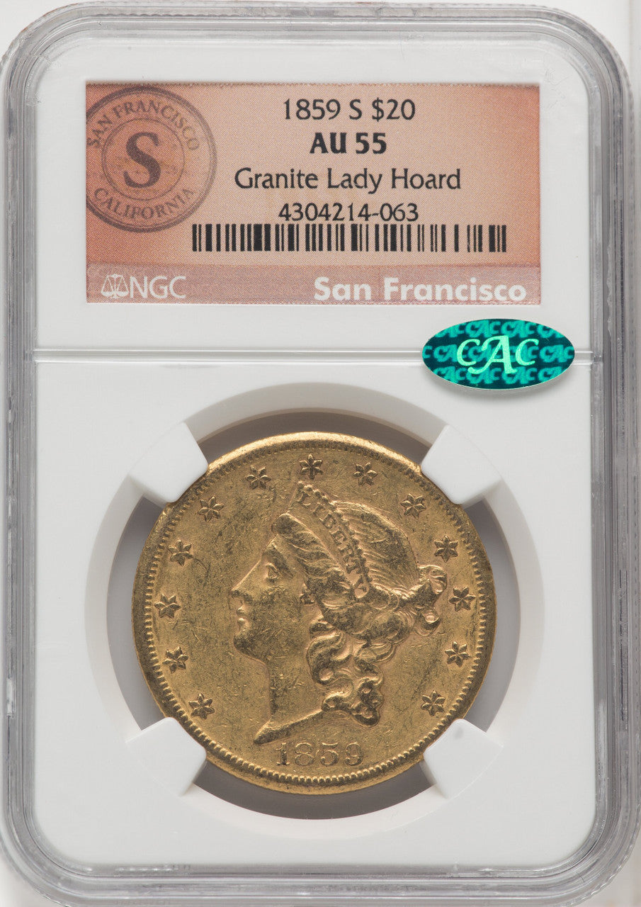 1859-S $20 CAC Liberty Double Eagle NGC AU55
