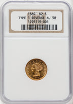 1860 $2.50 Old Rev. Liberty Quarter Eagle NGC AU58