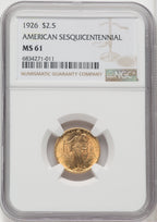 1926 $2.50 SESQUI Commemorative Gold NGC MS61
