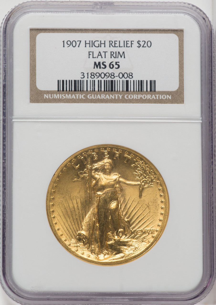 1907 $20 Flat Rim High Relief Double Eagle NGC MS65