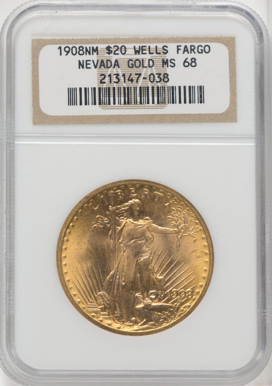 1908 NM $20 Wells Fargo Saint-Gaudens Double Eagle NGC MS68