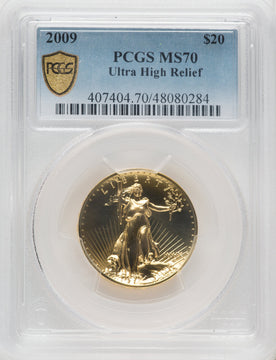 2009 $20 One-Ounce Gold Ultra High Relief Twenty Dollar Blue Gradient PCGS MS70