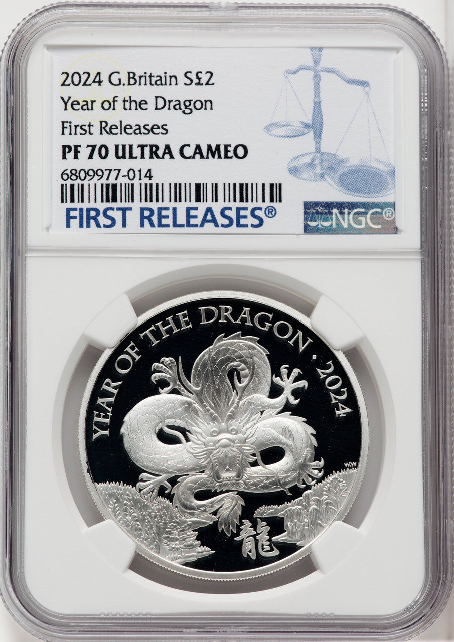 Charles III silver Proof “Year of the Dragon” 2 Pounds (1 oz) 2024 PR70 Ultra Cameo NGC