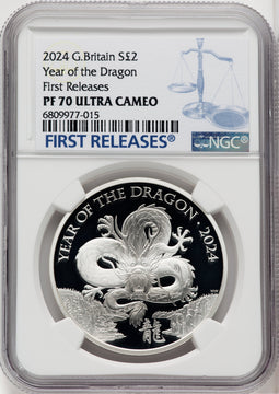Charles III silver Proof Year of the Dragon 2 Pounds (1 oz) 2024 PR70 Ultra Cameo NGC
