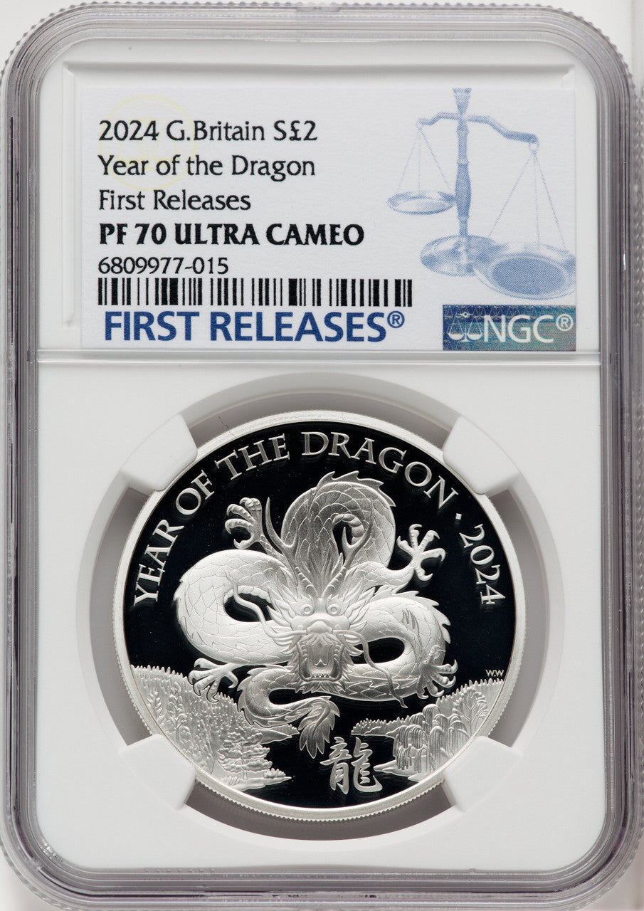 Charles III silver Proof Year of the Dragon 2 Pounds (1 oz) 2024 PR70 Ultra Cameo NGC