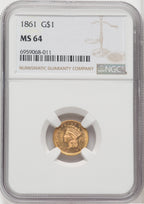 1861 G$1 Gold Dollar NGC MS64