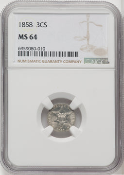 1858 3CS Three Cent Silver NGC MS64