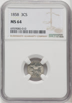 1858 3CS Three Cent Silver NGC MS64