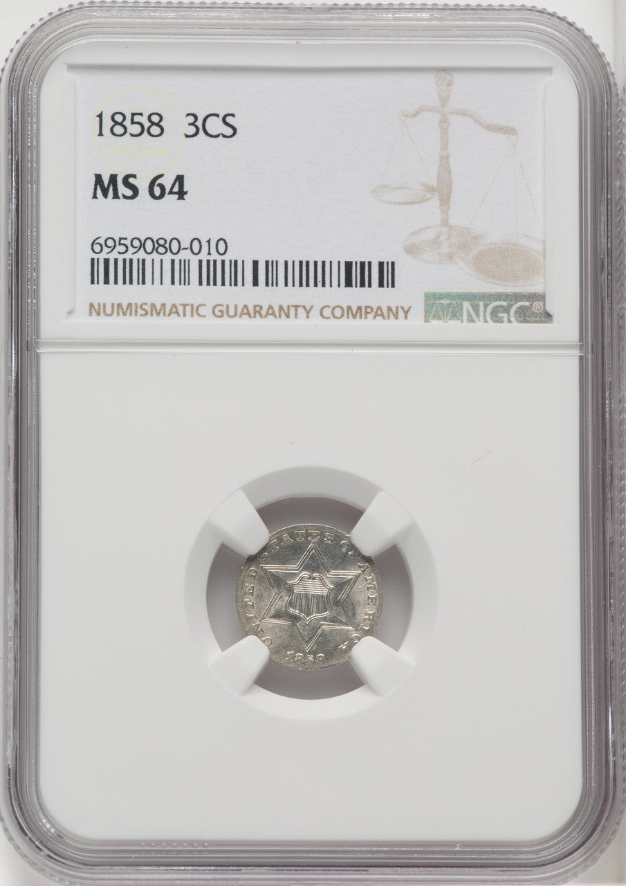 1858 3CS Three Cent Silver NGC MS64