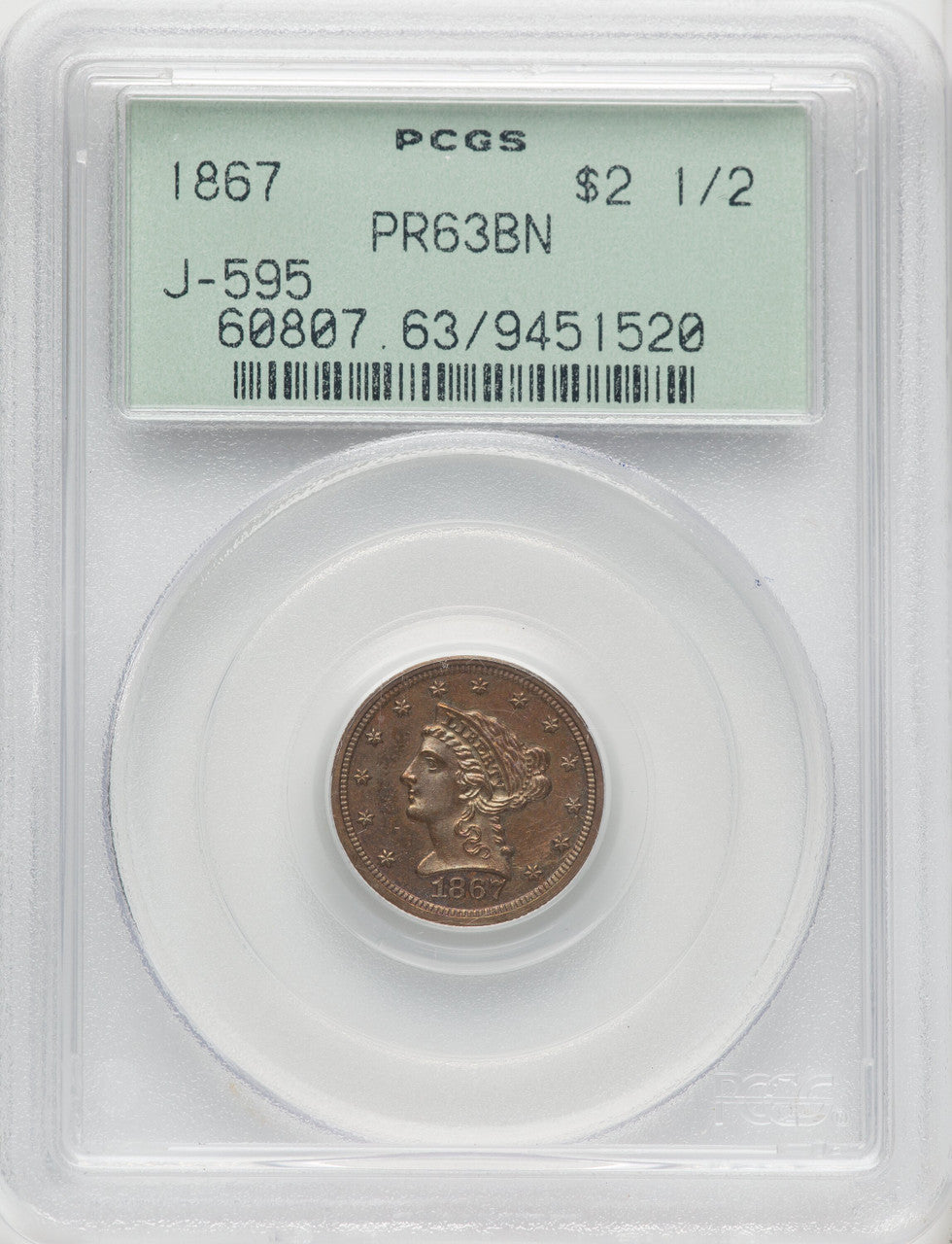 1867 $2.50 J-595 BN Patterns PCGS MS63