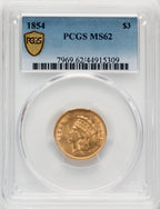 1854 $3 Three Dollar Gold Pieces PCGS MS62