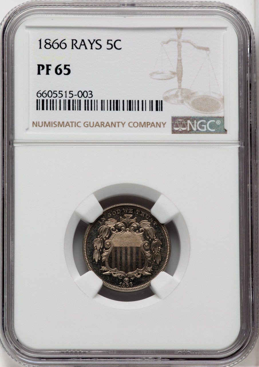1866 5C RAYS Proof Shield Nickel NGC PR65