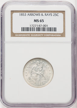 1853 25c Arrows and Rays Seated Quarter NGC MS65
