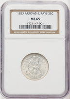 1853 25c Arrows and Rays Seated Quarter NGC MS65