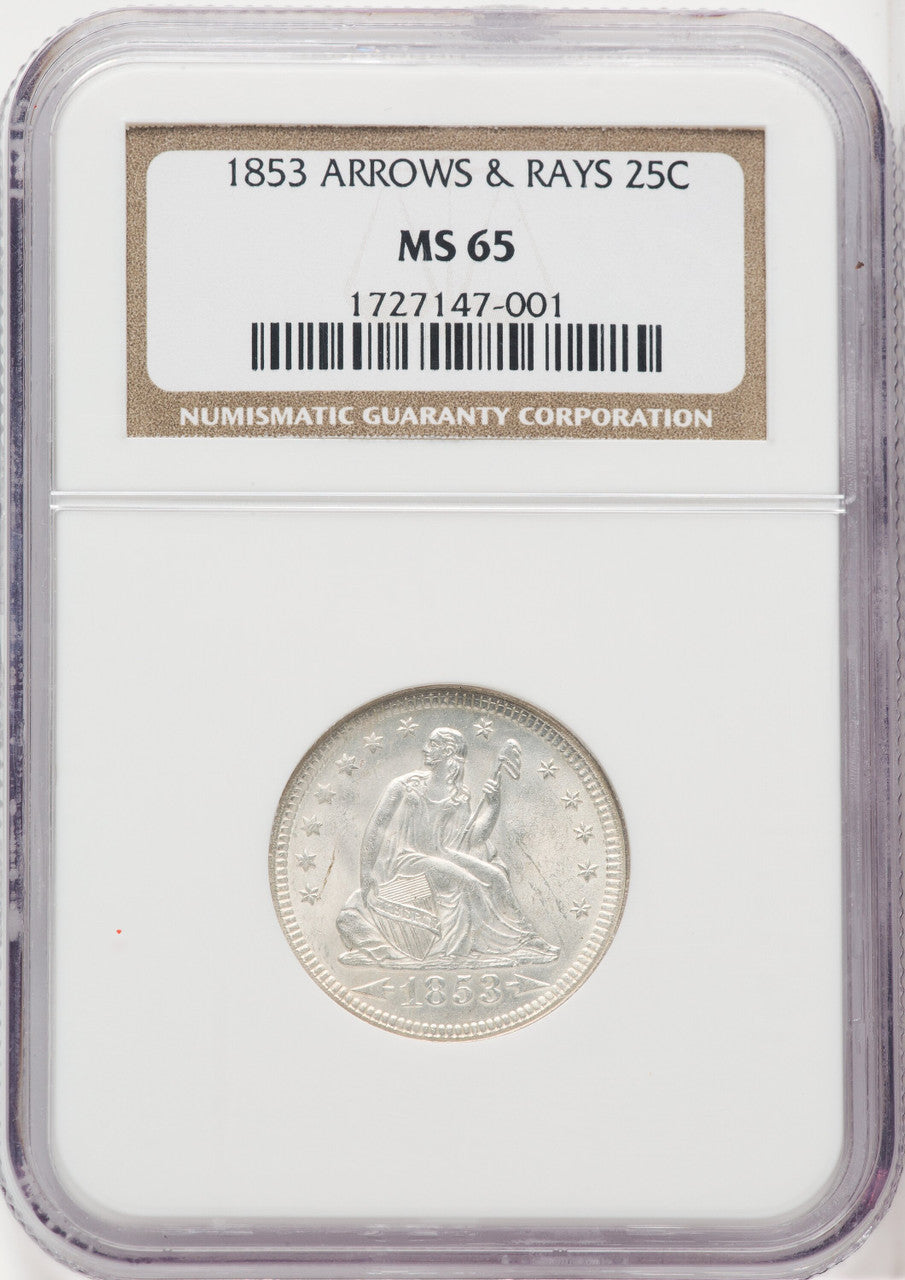 1853 25c Arrows and Rays Seated Quarter NGC MS65