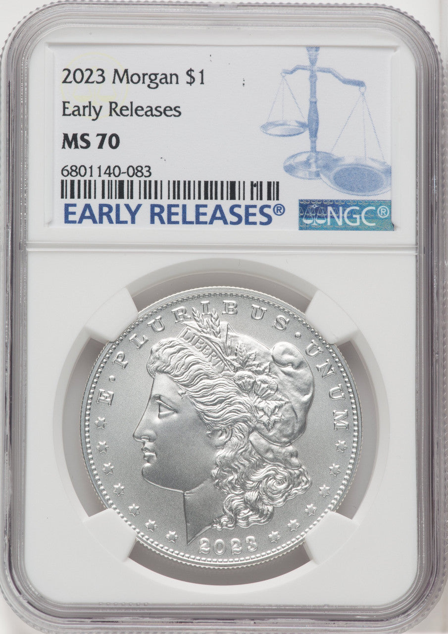 2023 $1 Morgan Dollar First Strike ER Blue Modern Commemoratives NGC MS70