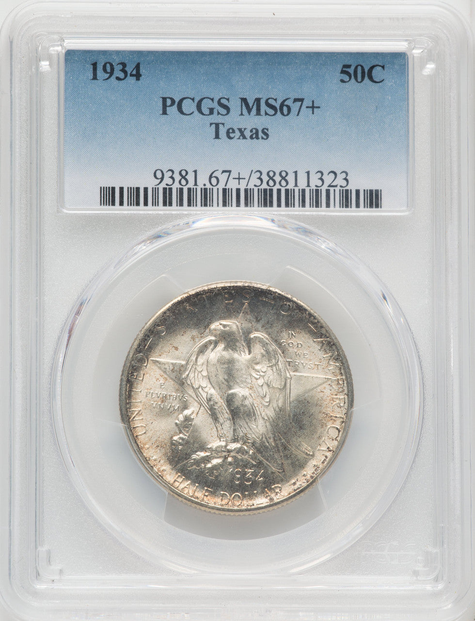 1934 50C Texas Commemorative Silver PCGS MS67+