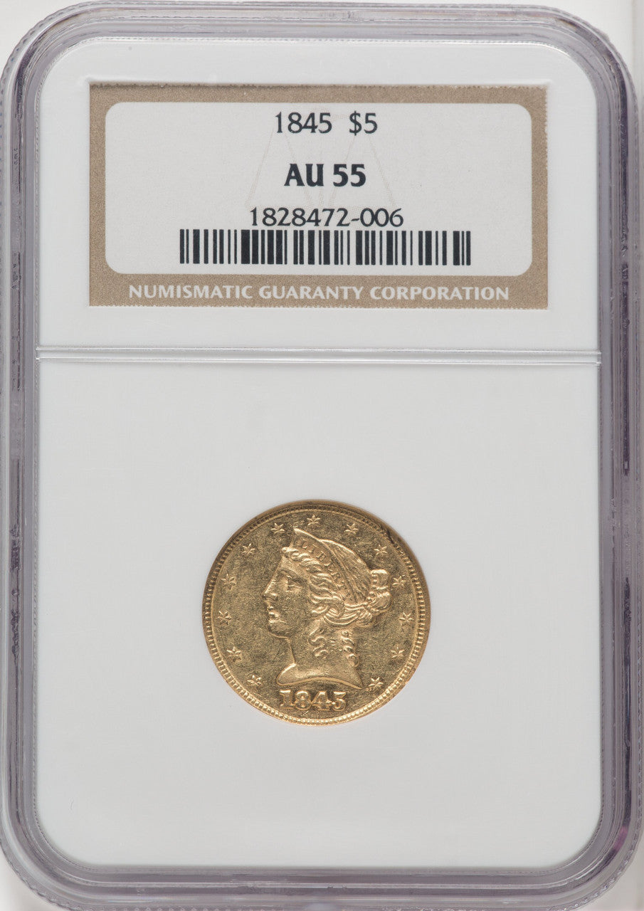 1845 $5 Liberty Half Eagle NGC AU55