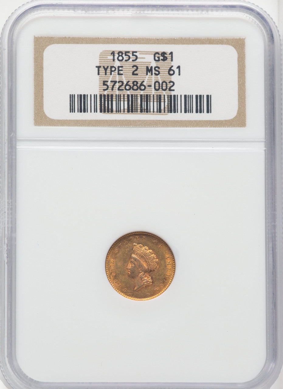1855 G$1 Type Two Gold Dollar NGC MS61