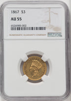 1867 $3 Three Dollar Gold Pieces NGC AU55
